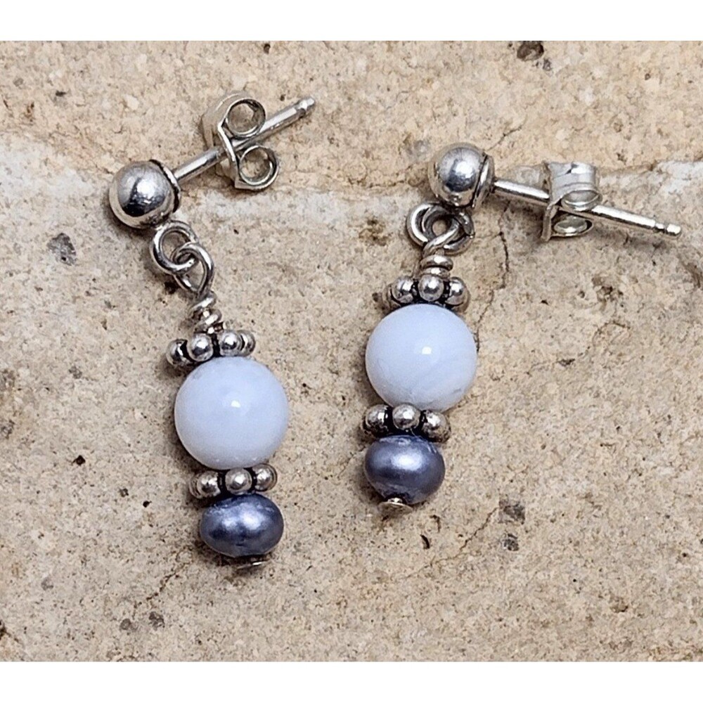 Petite Sterling Silver Peacock Pearl Bali Beaded Drop Earrings
